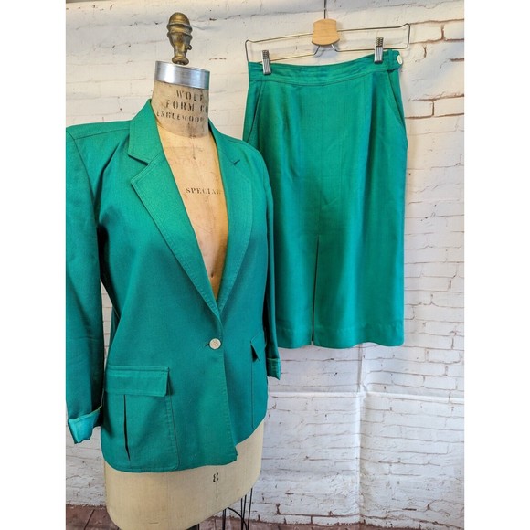 Vintage Christian Dior Womens Skirt Suit Kelly Green Petites 6 Blazer 10 Skirt - Picture 2 of 15
